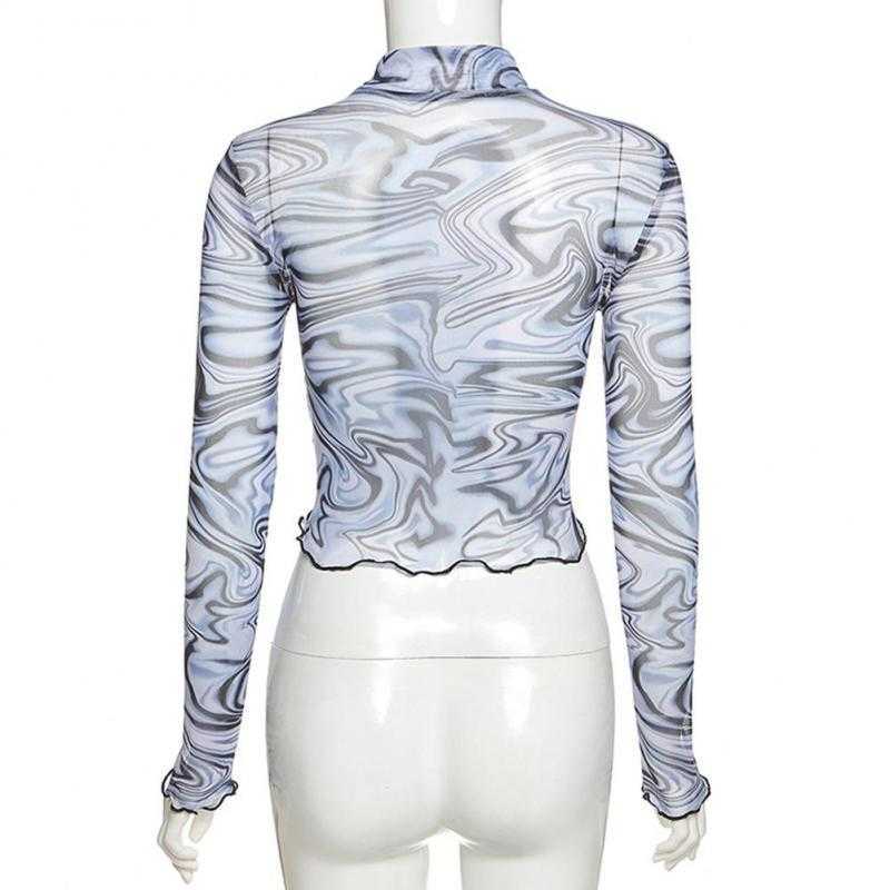 Yedinas Long Sleeve Crop Tops T Shirts Women Transparents Ruffles Hems Mesh Turtleneck Tshirt Y2k Aesthetic Top Streetwear 210527