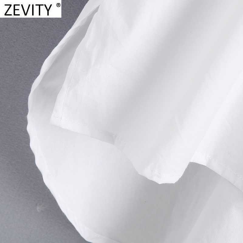 Zevity Women Fashion Diamond Buttons Decoration White Poplin Smock Blouse Office Ladies Loose Shirts Chic Blusas Tops LS7408 210603