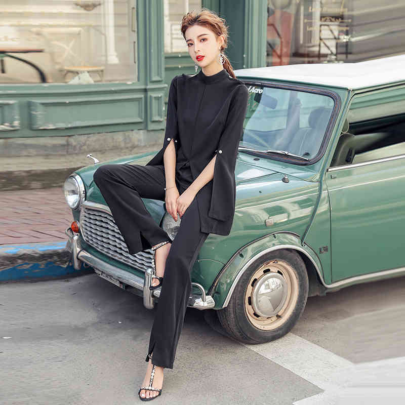 Fall Women Black 2 Piece Set Sexy Blouse + Higt Wiast Wide Leg Pants Suit Korean Style Slim temperament Office Lady 210506