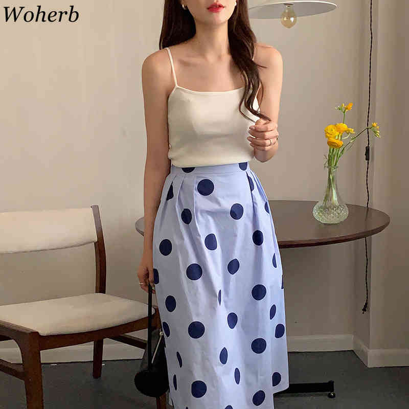 Chic Two Piece Set Women White Sling Crop Tops High Waist Polka Dot Skirt Korean Suit Ropa Mujer 2 for Woman 210519