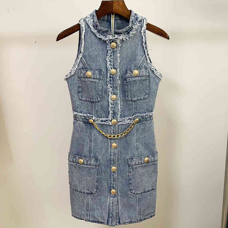 HIGH STREET est Summer Dress Women's Sleeveless Tassel Fringed Lion Buttons Denim 210521