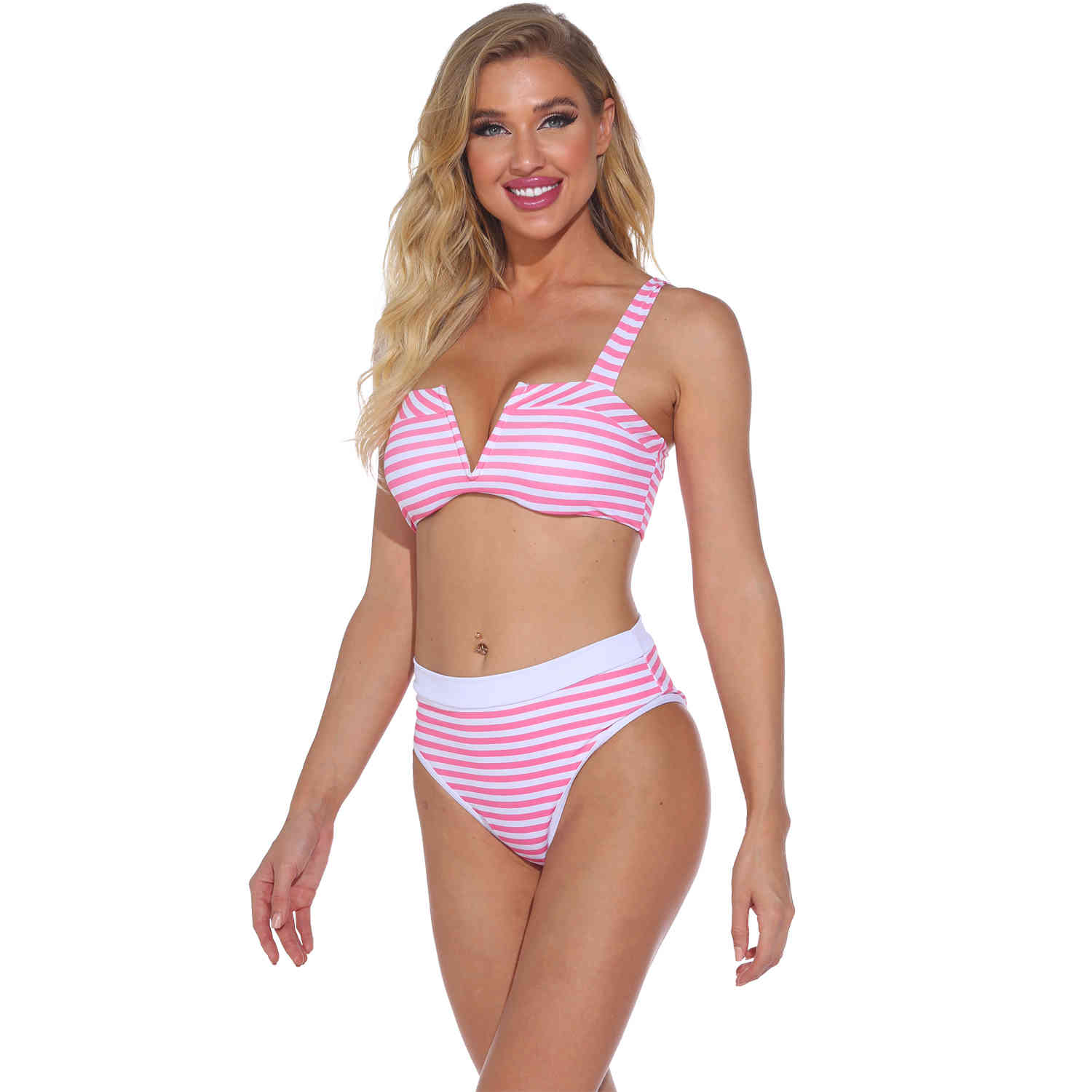 Sexy Push Up Bikini Two Piece Swimsuit Women Striped High Waist Set Plus Size Brazilian Swimwear Bathing Suit Pink 210520