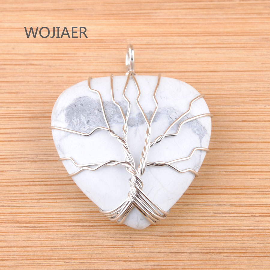 WOJIAER Silver Tree of Life Wire Wrap Water Bead Pendant Natural Golden Sand Pink Quartz Gem Stone Heart Jewelry BN362