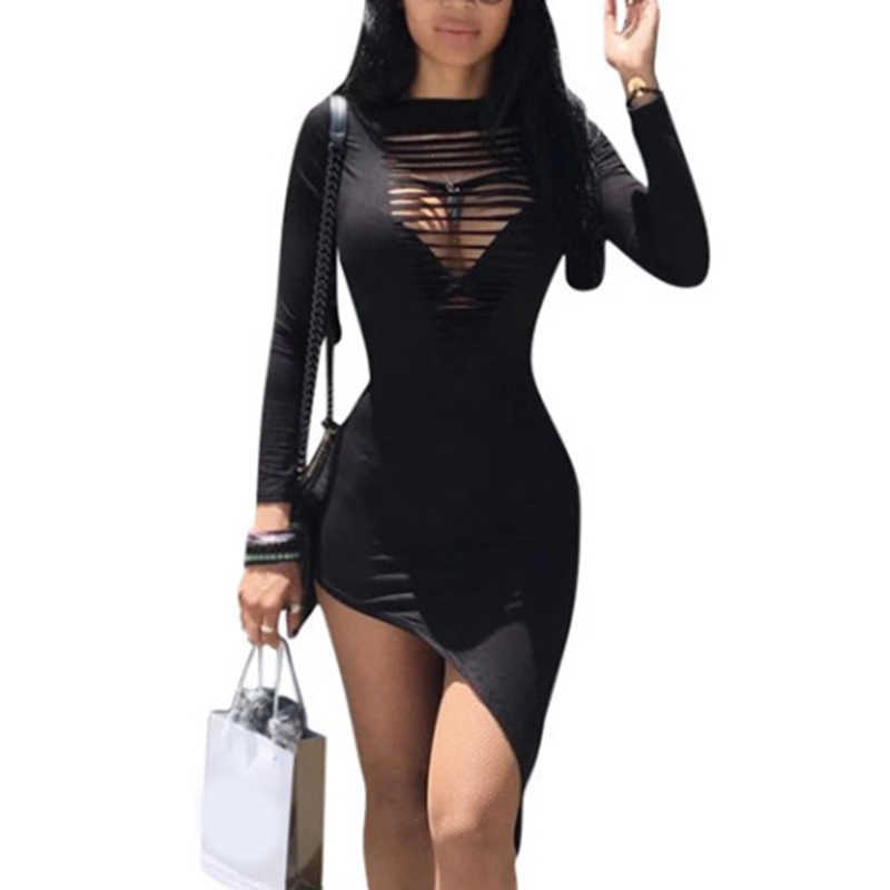 Sexy Women's Bodycon O Neck Long Sleeve Hallow Out Party Evening Mini Short Irregular Pencil Dress Vestidos Dresses For Women 210630