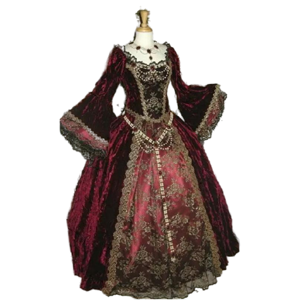 Vintage Victorian Ball Gown Wedding Dress For Women 2022 Long Poet Sleeves Scoop Neckline Winter Gothic Burgundy Lace Bridal Gowns Floor Length Bride 