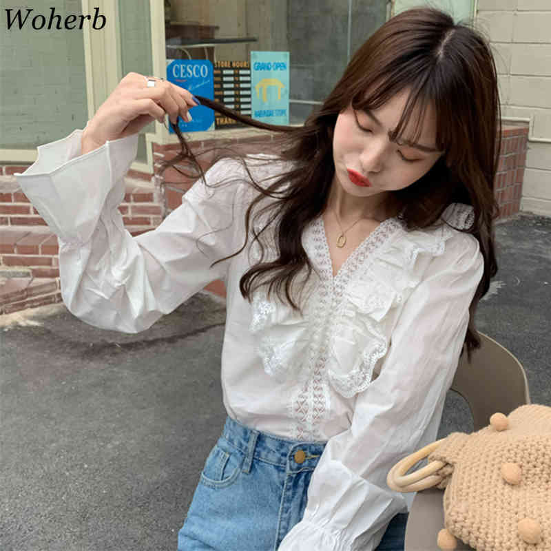 Blusas Femme Ruffle Hollow Patchwork Korean Tops Shirts Chic Casual Streetwear Sweet Blouse All Match Shirt 210519