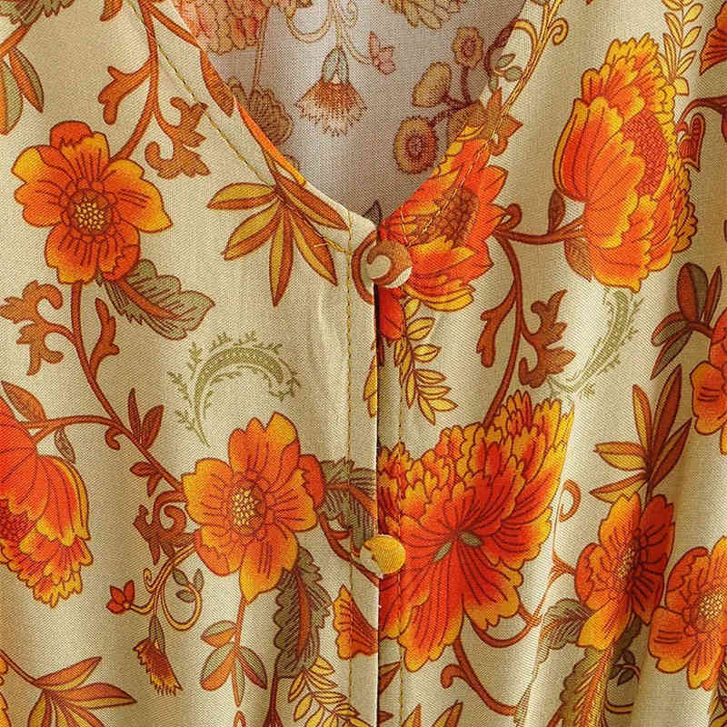 Casual Woman Yellow V Neck National Style Print Long Dress Spring Fashion Ladies Puff Sleeve es Female Chic 210515