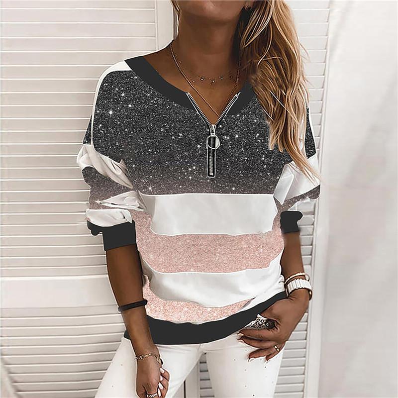 Women's Hoodies & Sweatshirts Clothing Spring Autumn Patchwork Starry Sky Striped Print Hooddies Zipper Long Sleeve Loose Tops Woman B4