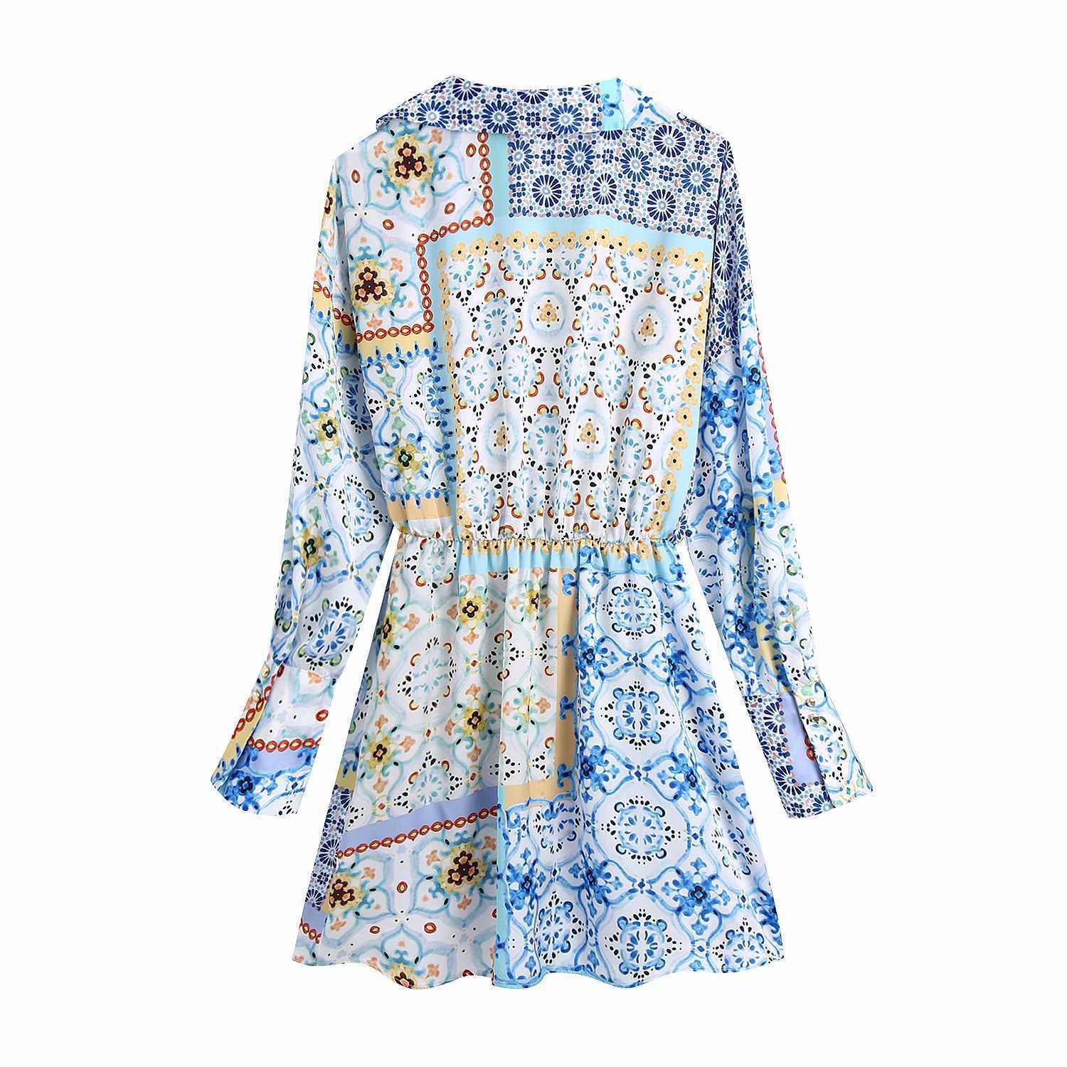 Summer Women Dress V-Neck Long Sleeve Shirt Dress Chic Elegant Lady Casual Fashion Vintage Women Patchwork Dress 210709