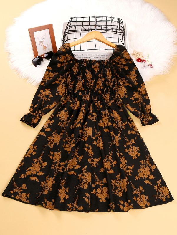 Girls Floral Print Flounce Sleeve Shirred Dress SHE