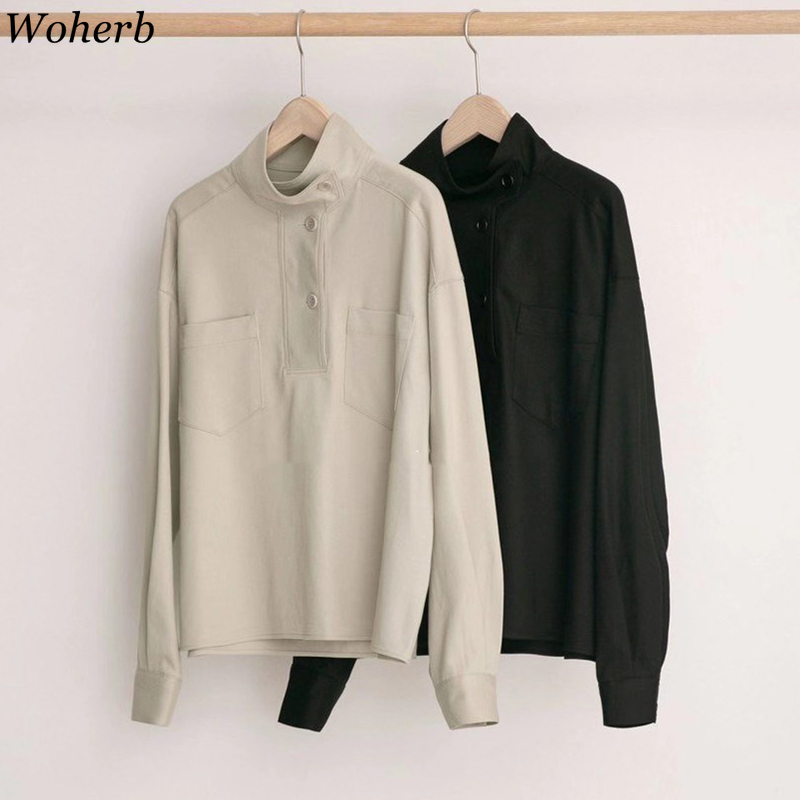 Korean Tops Stand Collar Solid Blusas Mujer Spring Summer Office Lady Elegant Loose Blouses All Match Casual Shirts 210519