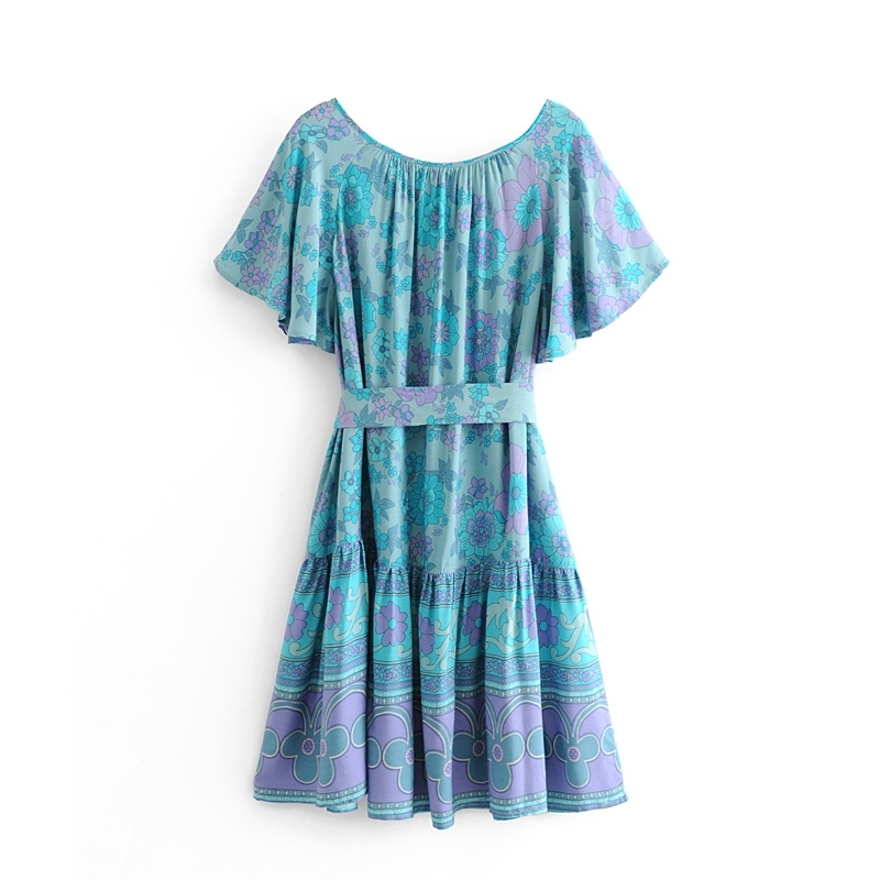 beauty Fashion Boho Style Floral Print Midi Dress Women Holiday Chic Sashes Short Sleeve Tassel Mini Dresses Female 210514