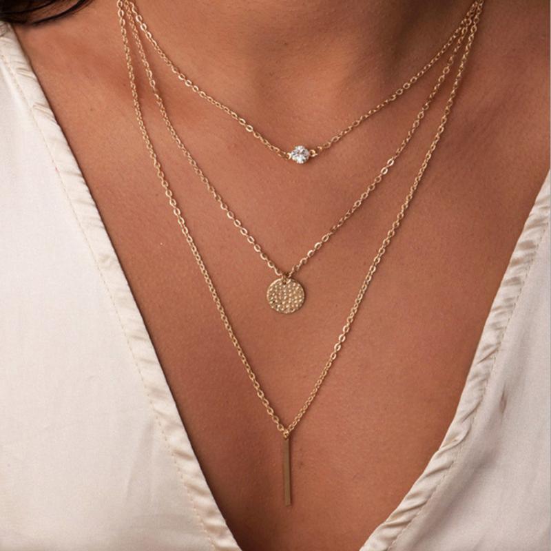 Pendant Necklaces Three Layer Necklace Bar Disc Crystal Setting Charm Gold Color Plated Metal Chain Woman
Pendant Necklaces Three Layer Necklace Bar Disc Crystal Setting Charm Gold Color Plated Metal Chain Woman