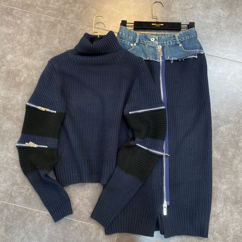 Autumn Spring Women Fashion High Collar Zipper Decoration Sweater Patchwork Denim Skirt Two Piece Set RC725 210525, Dark blue
Autumn Spring Women Fashion High Collar Zipper Decoration Sweater Patchwork Denim Skirt Two Piece Set RC725 210525, Dark blue