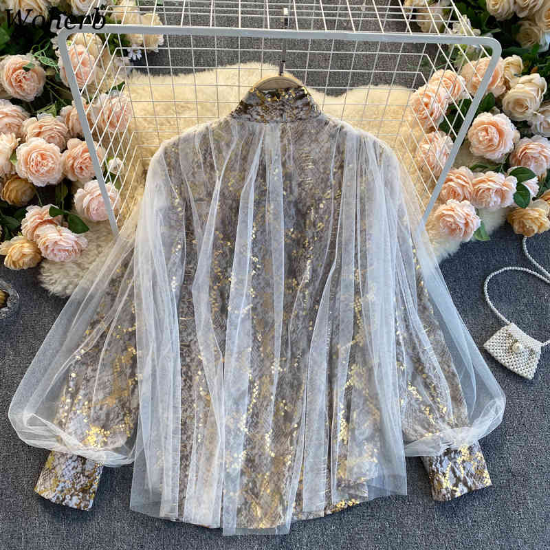 Vintage Snakeskin Prints Blouse Women Patchwork Gauze Lantern Sleeve Temperament Shirts Lace Up Bow Blouses Tops 4H024 210519
