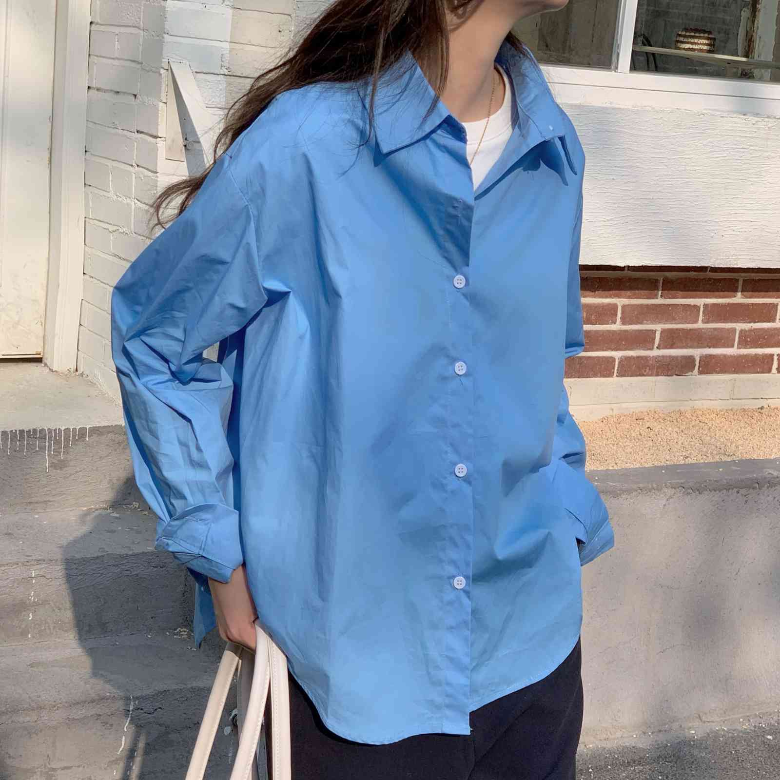 Korean Solid Women Shirt Tops Autumn Full Sleeve Single Breasted Blouses Loose Fashion Basic Female Blusas Femme 210514