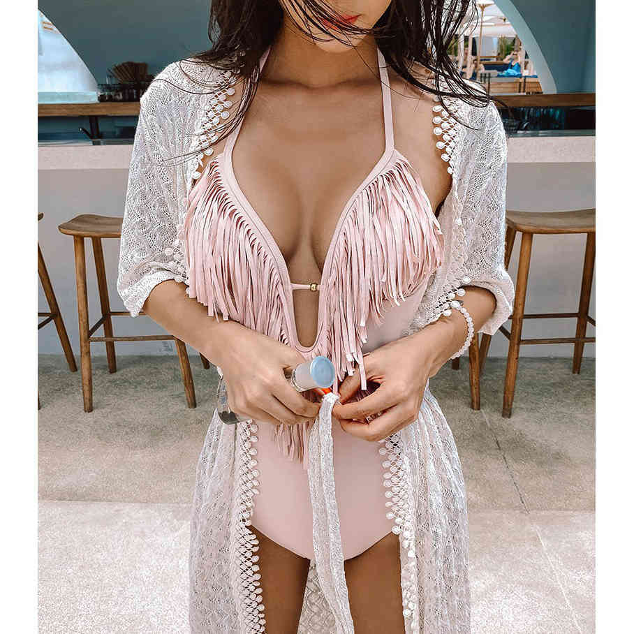 Deep Plunge V Neck Fringe Cut Out Swimsuit Trikini Women Sexy Halter Backless Tassel Swimwear Bath Suit Monokini 210324