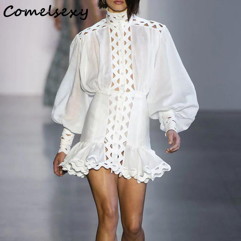 Autumn High Street Runway Dress Women Elegant Ruffles Lantern Sleeve White Hollow Out Mini Trumpet Dress Cotton Dress 210515