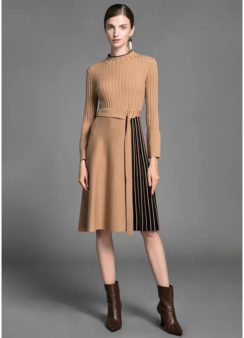 elegant lady midi dress patchwork striped blue flare long sleeve office robe dresses autumn winter plus size 210421