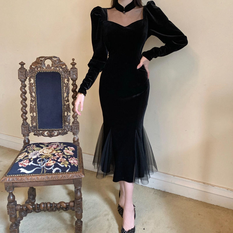 French Vintage Black Dress Women Spring Long Sleeve Slim Evening Party Dress Female Gothic Dress Koran Winter 210521