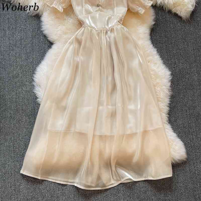 Summer Robe Women Dress Korean Square Collar Puff Short Sleeve Bandage Slim Waist Vestidos Elegant Vintage Dresses 210519