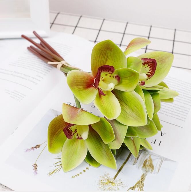 Artificial flower 6 heads of Cymbidium palm bouquet wedding decorative Butterfly Orchid flowers