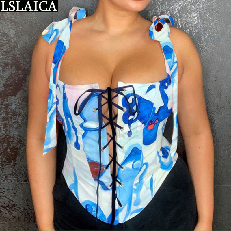 Printed Chest Strap Hollow Out Sling Fashion Arrival Backless Off Shoulder Women Clothes Skinny Sexy Clubwear Tops 210520