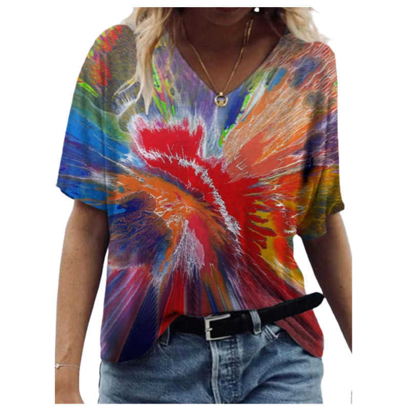 Summer Women T Shirt Casual 3D Abstract Painting Printed V-Neck Short Sleeve Loose Tops Plus Size Streetwear Tee Top Ladies 210526