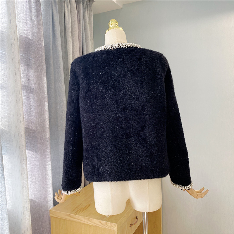 Autumnr Fashion design womens o-neck beading faux mohair wool warm lurex patchwork luxury slim waist coat jacket SML