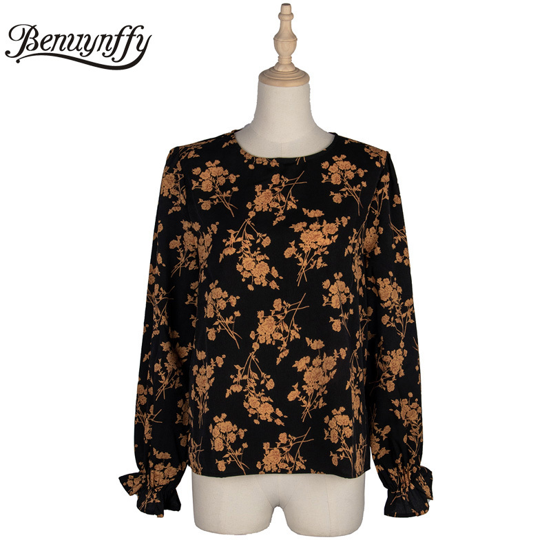 Autumn Floral Print Top Blouse Women High Street Round Neck Long Sleeve Retro Casual Ladies Tops and Blouses 210510