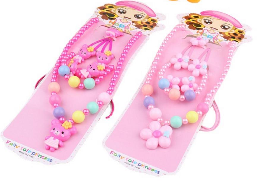 Kids gift jewelry set girl pearl beads cartoon pendants necklace bracelet ring hair clip hairband Sets Christmas Party Favor bag filler prize pink