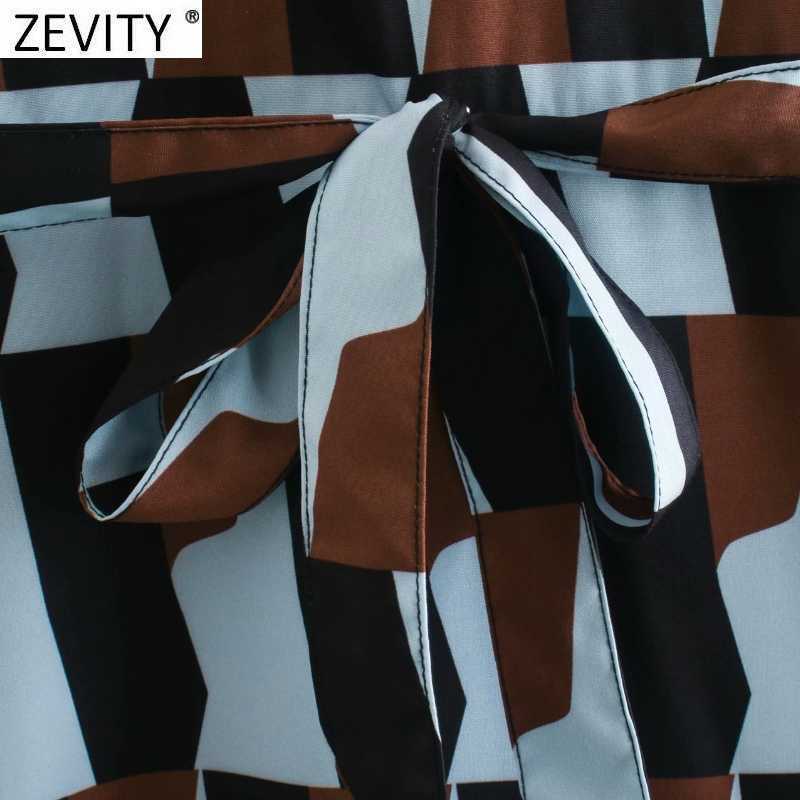 Zevity Autumn Women Vintage Contrast Color Geometric Print Bow Tied Sashes Midi Dress Ladies Chic Long Sleeve Vestido DS4768 210603