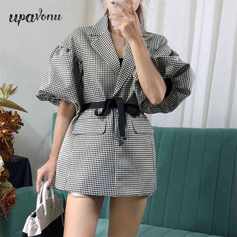 Free High Quality Women Houndstooth Blazer Dress Elegant Lapel Puff Sleeve Single Breasted Lace Up Vestidos 210524