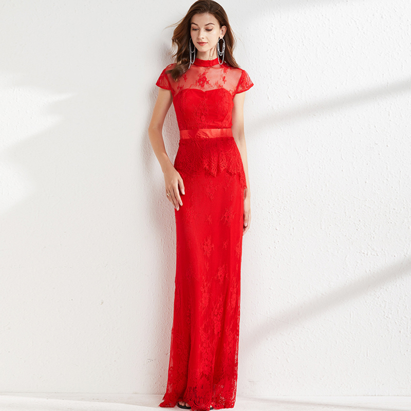 Women' Runway Dresses Stand Collar Short Sleeves Embroidery Lace Ruffles Elegant Long Pencil Evening Party Prom, Red
Women' Runway Dresses Stand Collar Short Sleeves Embroidery Lace Ruffles Elegant Long Pencil Evening Party Prom, Red