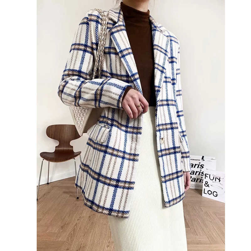 XITIMEAO Women Casual Woolen Coat Blazer Office Lady Plaid Slim Suit Coat Single Breasted Thickening Ladies Blazers 210930