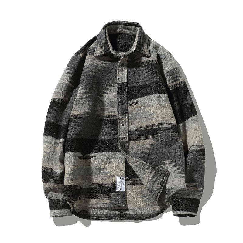 Japanese Style Men Shirt Fashion Hip Hop Plaid Woolen Long Sleeve Shirts Male Streetwear Oversize Casual Camisa Men's