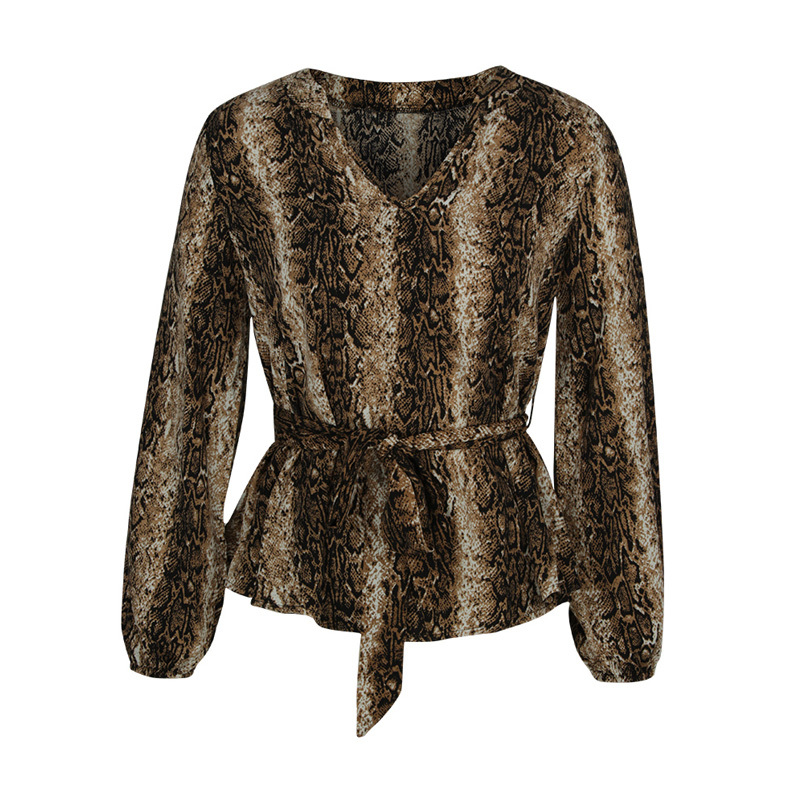 Elegant Office Ladies Snake Print Belted Top Blouse Women Autumn Fashion High Street V-Neck Long Sleeve Slim Tops 210510