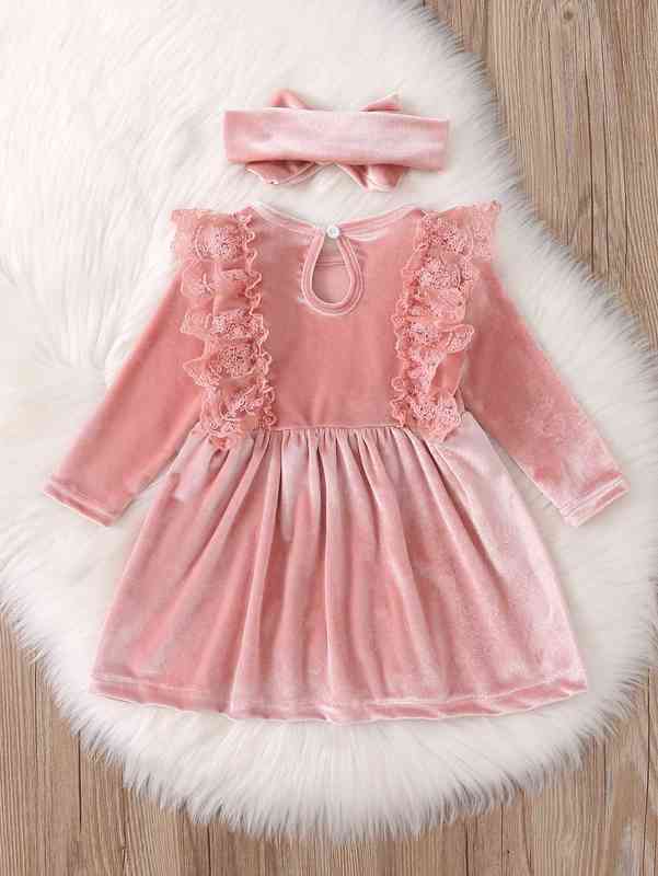 Baby Lace Ruffle Trim Bow Front Velvet Dress With Headband SHE