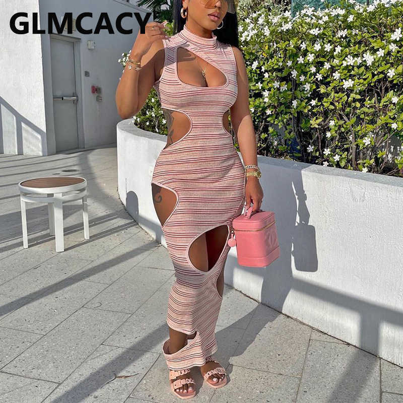Sleeveless Striped Cut Out Slim Maxi Dress 210702
