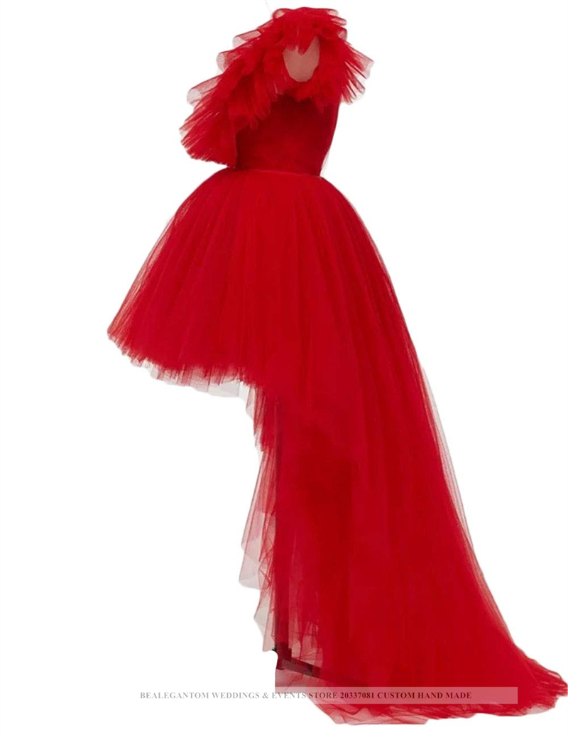 Sexy Deep V-Line Hi-Lo Tulle Formal Evening Dresses With Ruffles Prom Party Gowns BE02