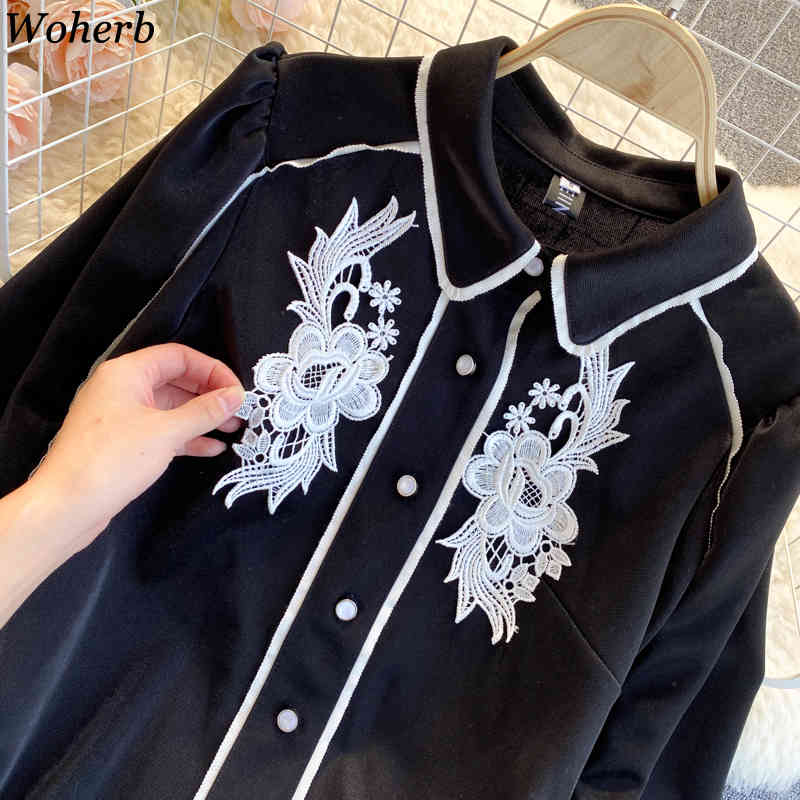 Temperament Top Lady Vintage Lantern Sleeve Blouses Women Loose All-match Embroidery Shirts Chic Black Blusas Mujer 4H229 210519