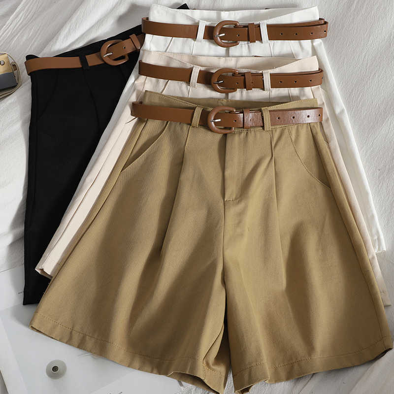 High Waist Shorts Sashes Belted Women Loose Pockets Spring Summer Casual Streetwear Fashion 210714
