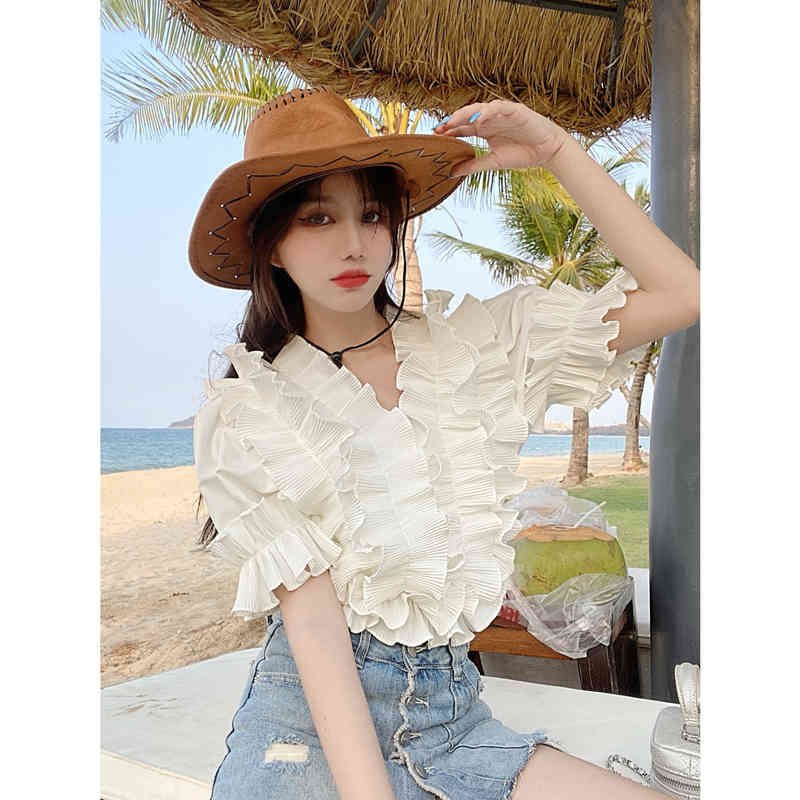 Summer Cascading Ruffles Sexy V-Neck Puff Sleeve Women Sweet Solid Color Chic Pullover Blouse Top 210519