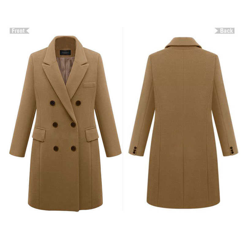 Plus Size Autumn Winter Women Coats Casual Solid Wool Jackets Blazers Elegant Lapel Double Breasted Thick Long Ladies 210526