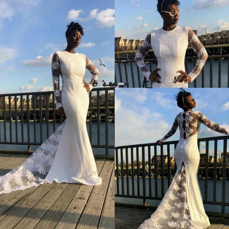 African Lace Mermaid Wedding Dresses Bridal Gown Jewel Neck Long Sleeves Sweep Train Designer Custom Made Arabic Castle Plus Size Illusion vestido de novia, Beige
African Lace Mermaid Wedding Dresses Bridal Gown Jewel Neck Long Sleeves Sweep Train Designer Custom Made Arabic Castle Plus Size Illusion vestido de novia, Beige
