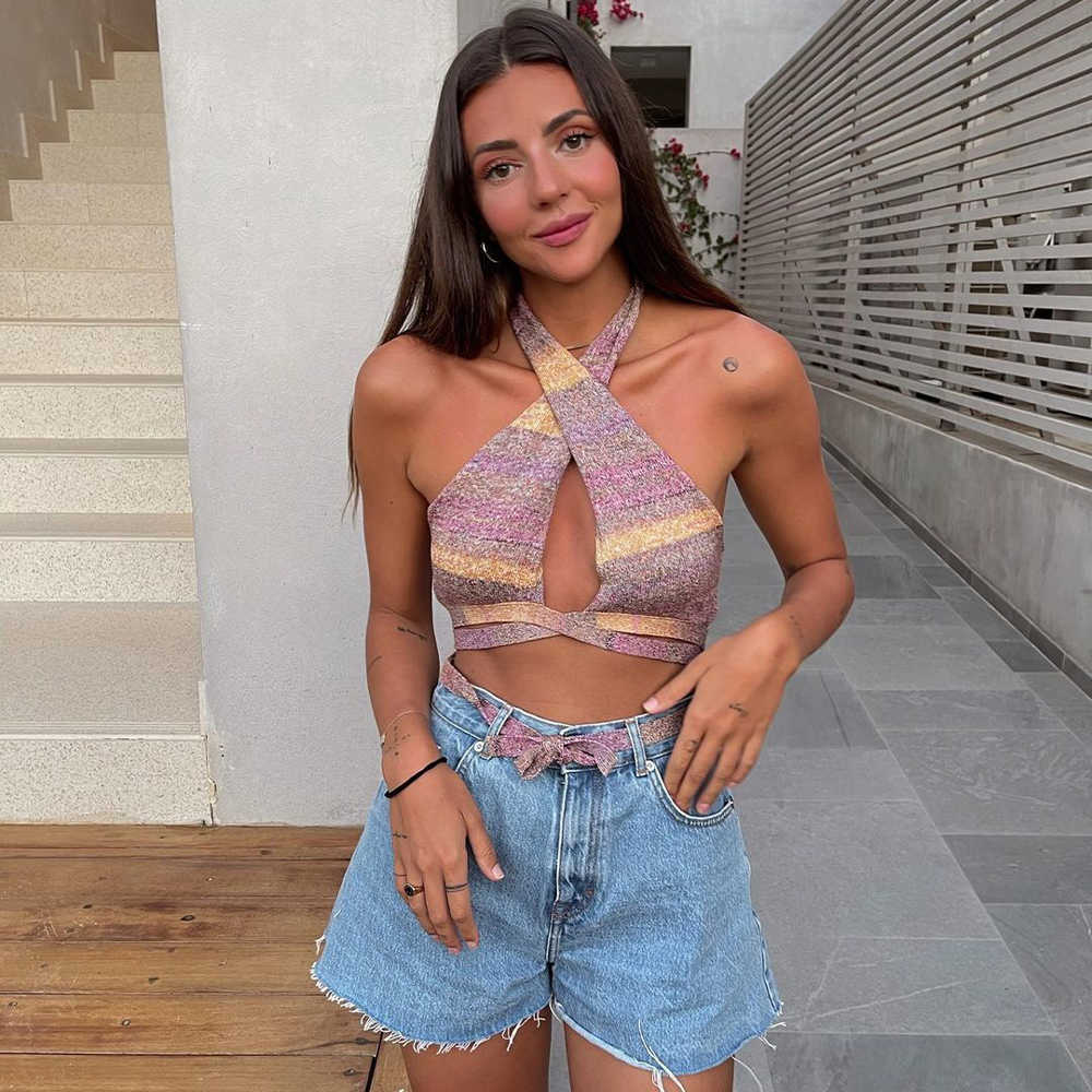 Fashion Women Crop Top with Ties Casual Chic Lady Hollow Out Halter Top Summer y2k Tops Woman Corset Camis 210709