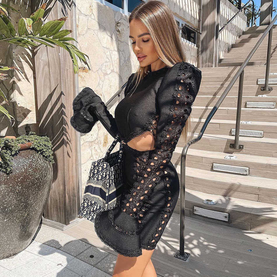 Woman Sexy Long Sleeve Hollow Black White Mini Bodycon Bandage Dress Elegant Celebrity Runway Party Vestidos 210525