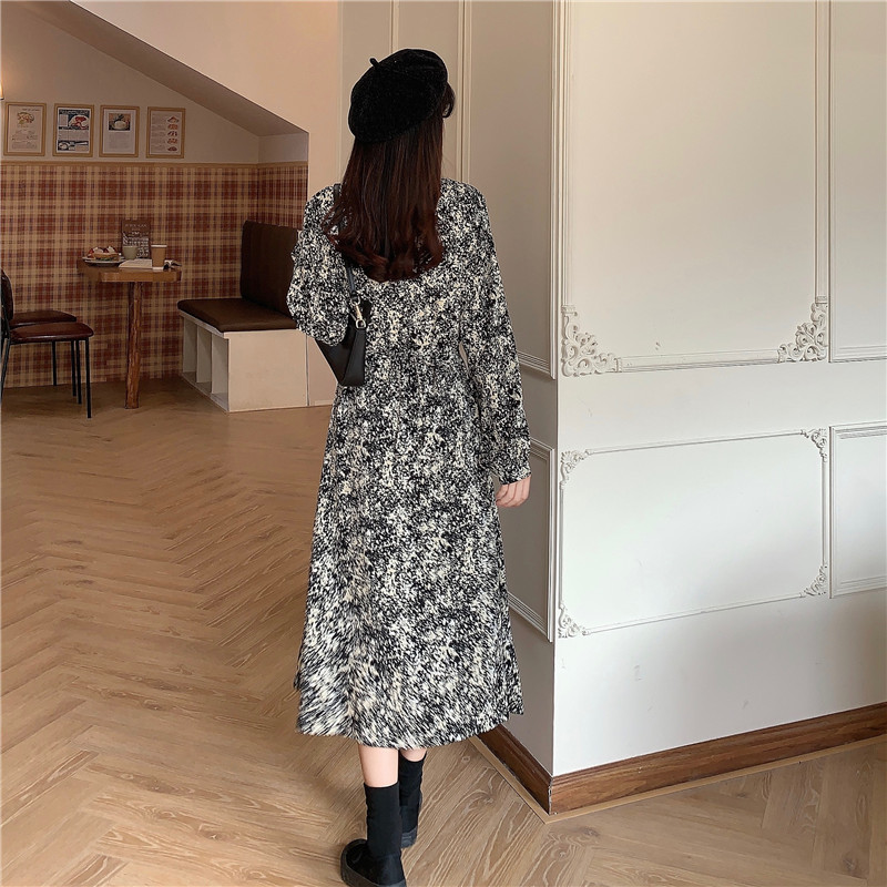 French V-neck Floral Long Dress Vintage es Women Marble and Leaf Print Autumn Winter Elegant es 13079 210506