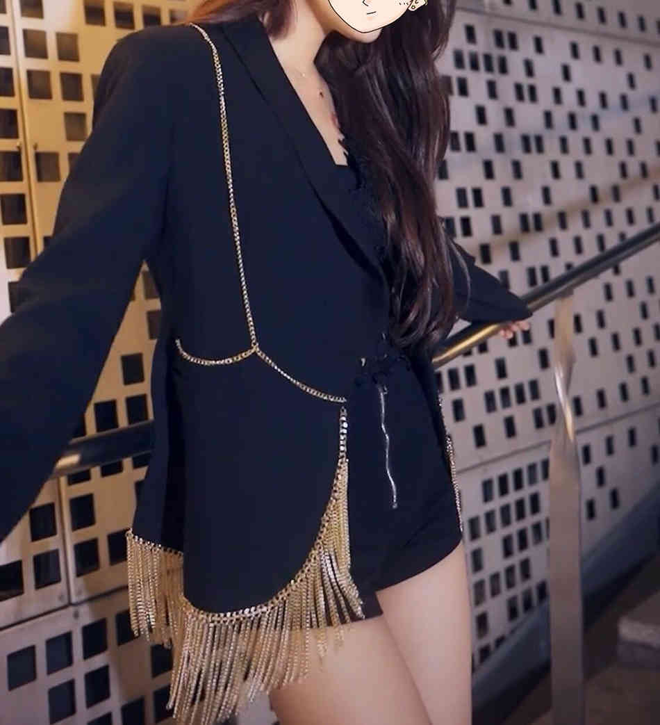 Fall Streetwear Coat Jacket Women's Tassel Chain Short Slim Cardigan Clip White Black V-neck Sexy Party 210525