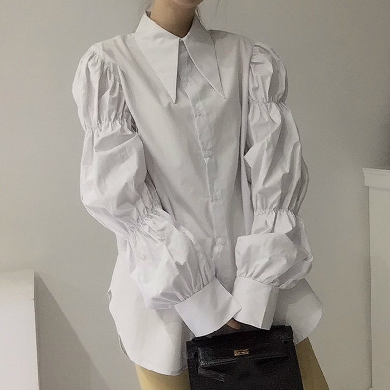 Nomikuma Causal Pleated Puff Long Sleeve Women Blouse Korean Turn-down Collar Vintage Shirt Autumn New Blusas Top 6C702 210427